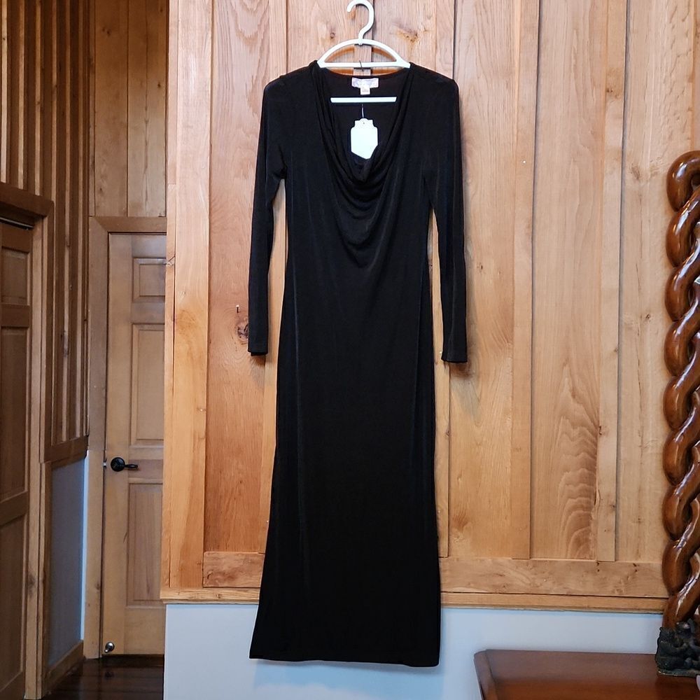 Band of the Free Cowl Neck Party Cocktail Long Sleeve Midi Dress, Medium, Black